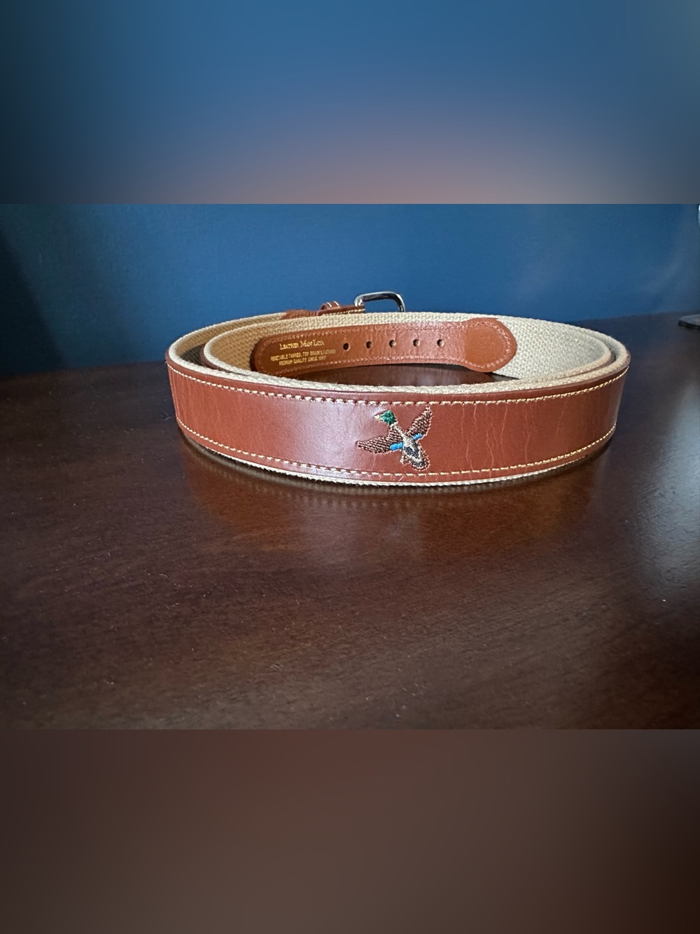 Leather Man Ltd. Embroidered Mallard Duck Leather & Canvas Belt
